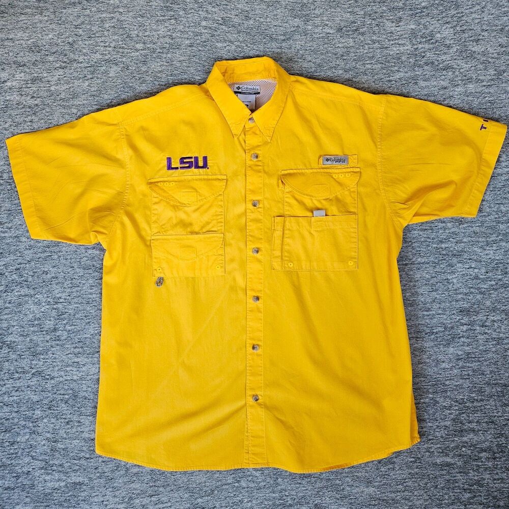 LSU Tigers Columbia PFG Yellow-Gold Button Up Shirt Vented Fishing Men's Medium
